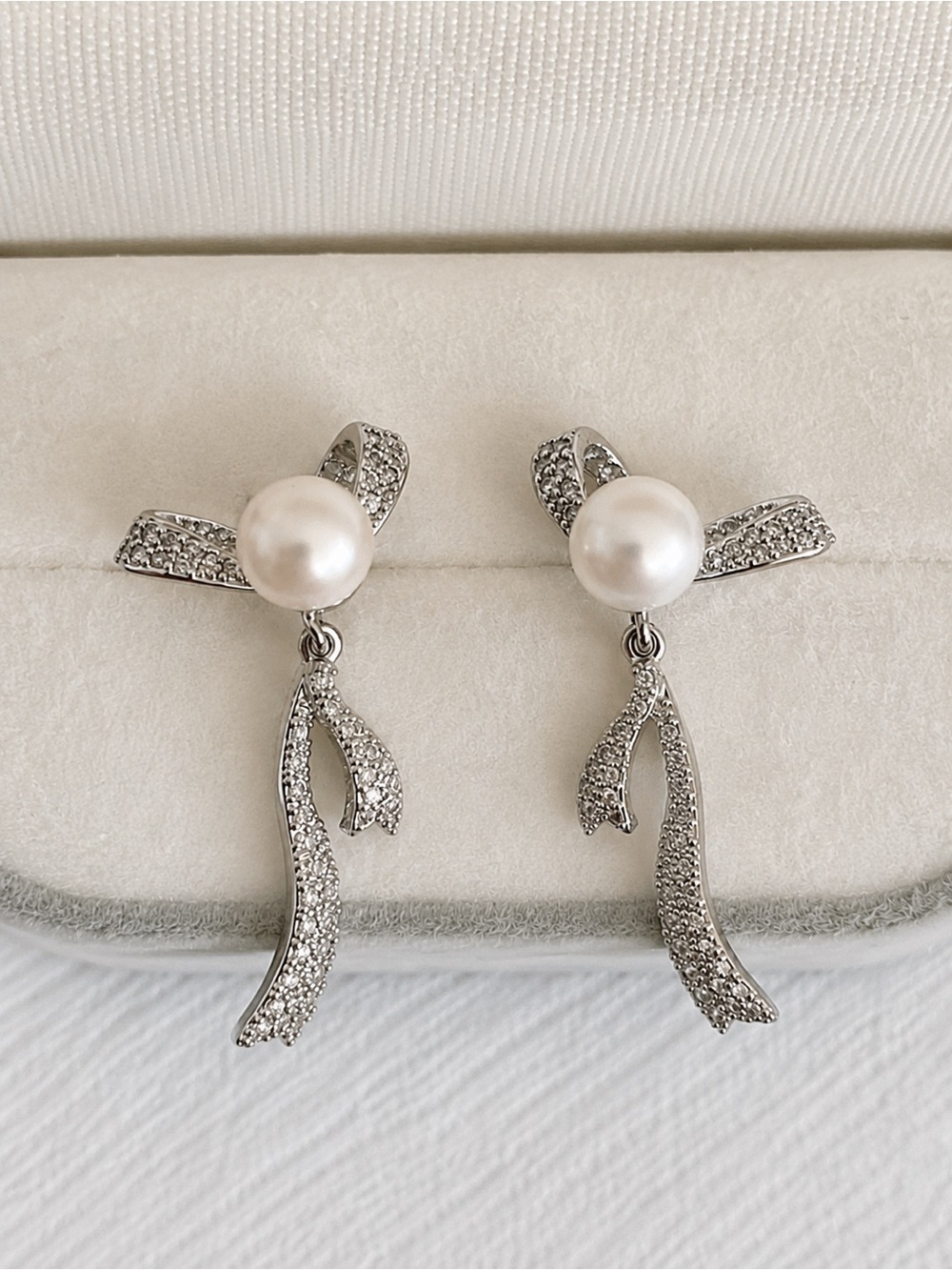 Freshwater Pearl Crystal Ribbon Drop Earrings | Silver Posts
